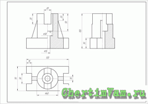 Примеры чертежей по инженерной графике - Нанесение размеров, Разрез совмещён с видом.